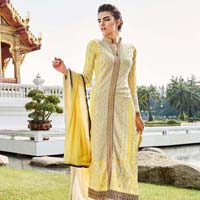 Vehemently Fancy Fabric Yellow Patch Border Work Designer Suit