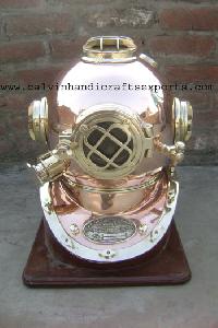 Mark V Copper Diving Helmet with Wooden Base