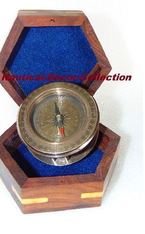 Solid Brass Compass Promotional Antique With Wooden Box