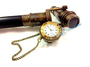 Wooden Walking Stick Hidden Spy Brass Telescope With Clock