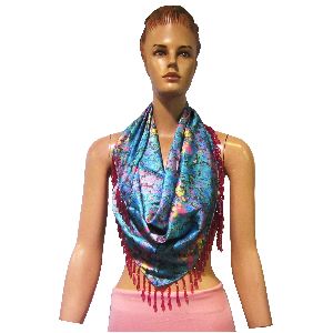 100% Poly Satin Triangular Scarves with heavy beaded fringes