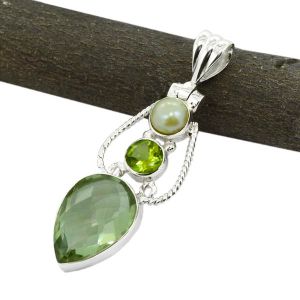 5.1 Gm Green Amethyst, Pearl, Peridot Gem Stone 925 Sterling Original Silver Pendant