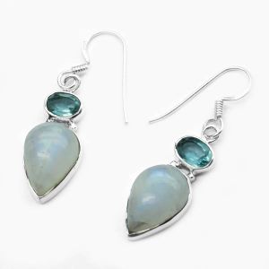 5 Gm Blue Topaz Rainbow Moonstone Gemstone 925 Sterling Original Silver Earring