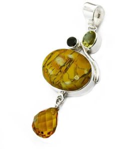 Brecciated Mookaite. Smokey, Citrine, Lemon Gemstone 925 Sterling Original Silver Pendant