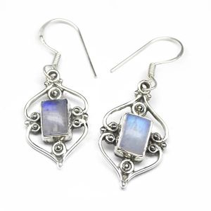 Rainbow Moonstone Gem Stone Sterling Silver Earrings