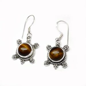 Round Tiger Eye Gem Stone 925 Sterling Original Silver Earring