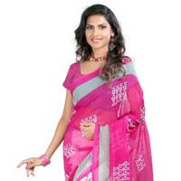 Chiffon Lace Work Cream Printed Saree