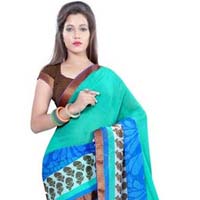 Turquoise Striped Georgette Saree