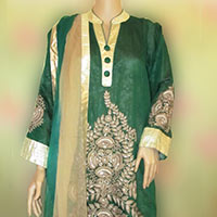 Semi Stitched Green Chanderi Suit