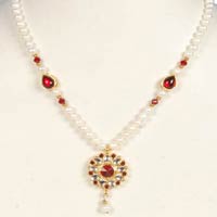 Freshwater Pearl Round White Red Color Kundan Necklace Earring Set