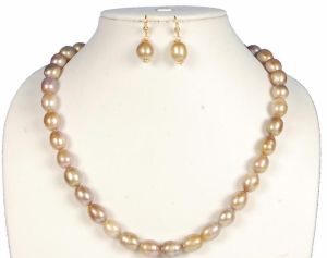 Golden Color Oval Freshwater Pearl Necklace Earring Set