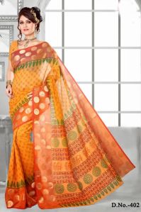 Block Printed Gold Yellow Cotton Saree