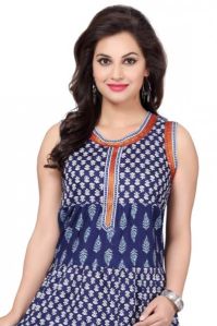 Beautilicious Blue-White Cotton Anarkali Style Sleeveless Tunic