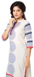 Charismatic Chakra Off White and Blue Printed Cotton Long Kurti