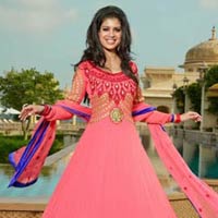 Pink Anarkali Salwar Kameez with Blue Border in Bottom