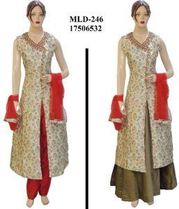 Brocade Long Jacket Style Suit, Silk Red Bottom, Silk Gold Lehenga