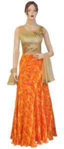 Exclusive Satin Crape Orange Gold Long Length Floor Anarkali Suit