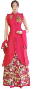 Exclusive Silk Pink Long Jacket Style Suit With Silk Printed Lehenga