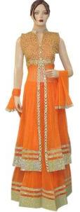 Fancy Net Orange Long Choli With Net Orange Lehenga