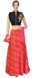 Fancy Silk Black Top Work Silk Red Printed Lehenga