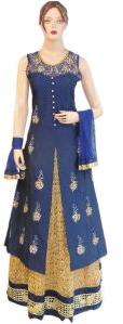 Fancy Silk Navy Blue Long Jacket Style Suit With Net Gold Lehenga