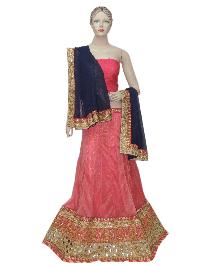 Foil Pink Semi Stitched Lehenga With Foil Navy Blue Duptta