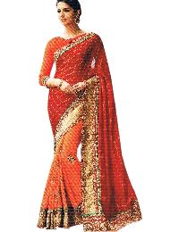 Georgette Orange Pleats With Chiffon Red Pallu Saree