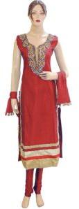 Heavy Fancy Silk Red Long Length Straight Suit