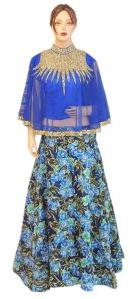 Silk Blue Top, Embroided Net Blue Top With Silk Printed Lehenga