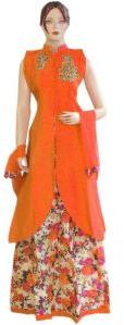 Silk Orange Long Jacket Style Suit With Silk Printed Lehenga