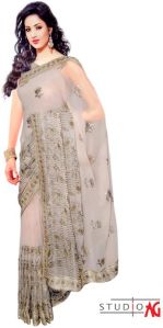 Cream Colour Georgette Embroidered Saree