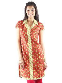 Orange Printed Collar Cotton Kurti