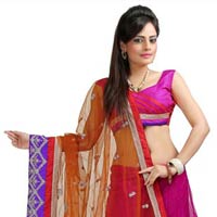 Magenta and Mustard Net Lehenga Style Saree with Unstitched Blouse