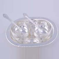 Gsm Silver Plated  Manchurian Bowl Set with Oval Tray 5 Pcs. ( 17cmx21cmx4c)