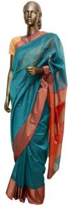 Blue Red Maheshwari Silk Saree (Design No. S0019)