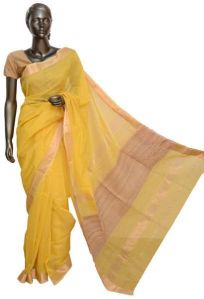 Lemon Yellow Jute & Zari Maheshwari Silk Saree (Design No. S0007)