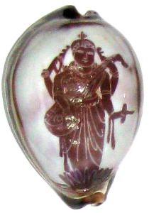 Goddess Saraswathi Vidya Vani Art on Natural Cowrie Kawdi