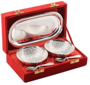 Brass Bowl Set with Tray & Spoon Silver Plated