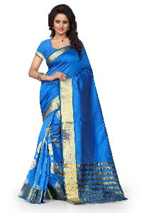 BLUE PURE SILK SAREE WITH GOLDEN BORDER