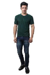 Solid Casual Dark Green Henley T shirt