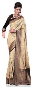 Beige and Black Colour Woven Kanchipuram Spun Silk Saree