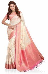 Cream and Pink Woven Art Silk Traditional Saree