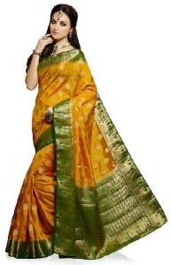 Mustard and Bottle Green Colour Art Silk Woven Saree