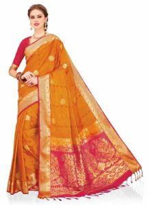 Mustard and Pink Woven Art Silk  Saree