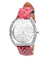 Tropez Womens Crystal Studded Silver Dial Red Python Strap