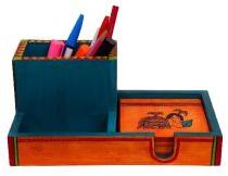 Ethnic Wooden Multicoloured Pen Stand With Coaster Set