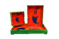 Three Wooden Trays Multicoloured Fish Adorned