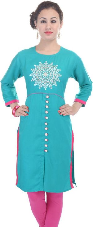 blue color rayon embroidered kurti