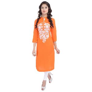 Orange Embroidered Cotton Kurtis